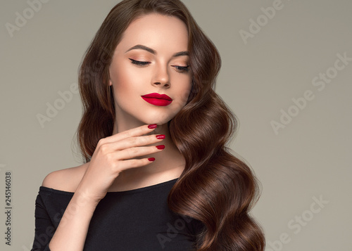 Beautiful hair woman long brunette hairstyle female healthy skin beauty makeup cosmetic concept