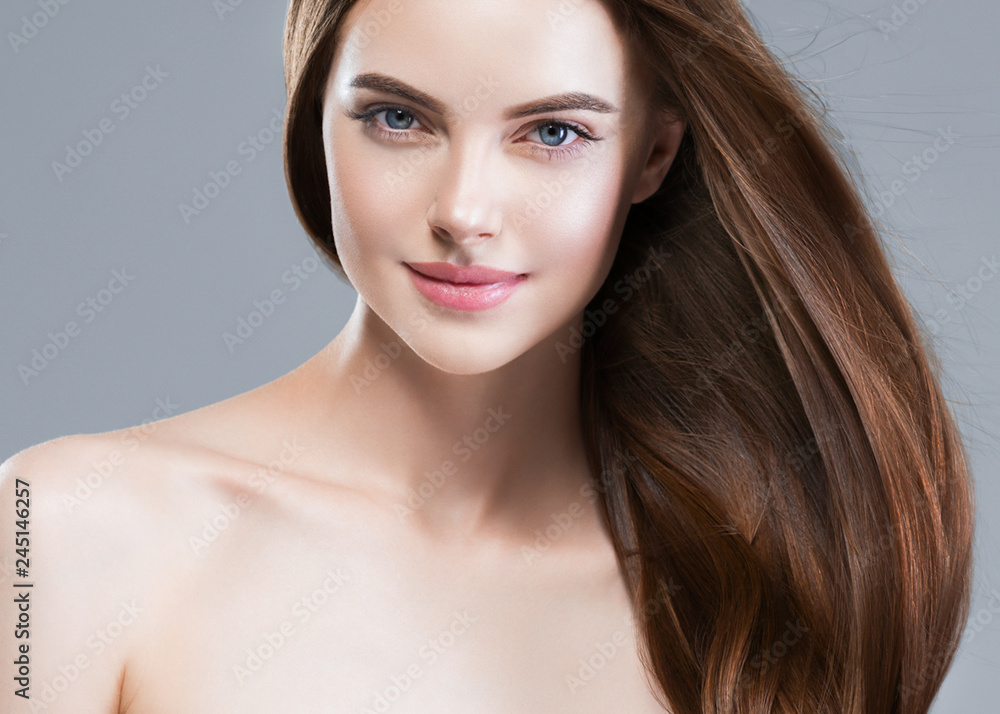 Beautiful hair woman long brunette hairstyle female healthy skin beauty makeup cosmetic concept Beautiful hair woman long brunette hairstyle female healthy skin beauty makeup cosmetic concept