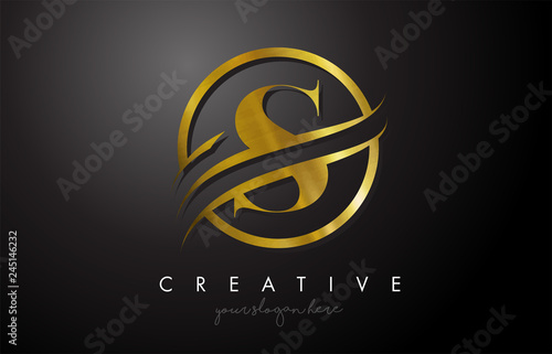 S Golden Letter Logo Design with Circle Swoosh and Gold Metal Texture photo