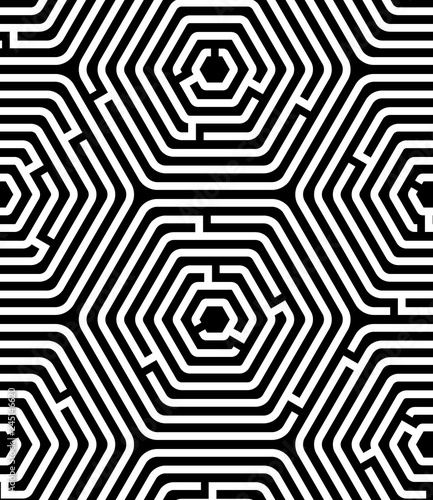 Black and white hexagon maze puzzle geometric seamless pattern, vector