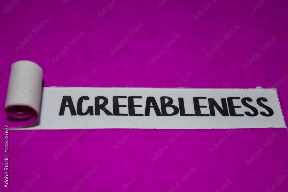 Agreeableness text, Inspiration and positive vibes concept on purple torn paper Agreeableness text, Inspiration and positive vibes concept on purple torn paper