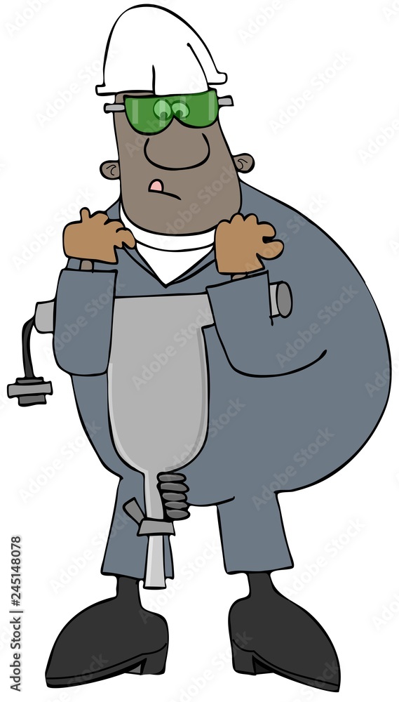 Obraz premium Ethnic construction worker carrying a heavy jackhammer