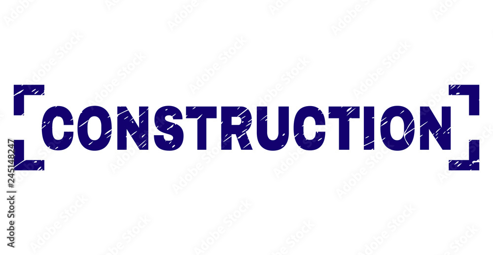 CONSTRUCTION text seal print with grunge effect. Text tag is placed inside corners. Blue vector rubber print of CONSTRUCTION with dust texture.
