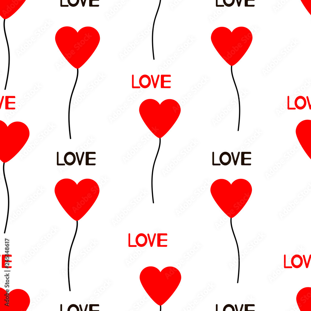 Seamless pattern with words Love and hearts.