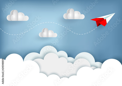 red paper plane fly on the sky while flying above a cloud. creative idea. illustration cartoon vector