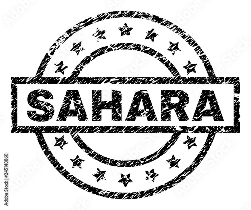 SAHARA stamp seal watermark with distress style. Designed with rectangle, circles and stars. Black vector rubber print of SAHARA tag with retro texture.