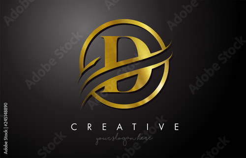 D Golden Letter Logo Design with Circle Swoosh and Gold Metal Texture photo