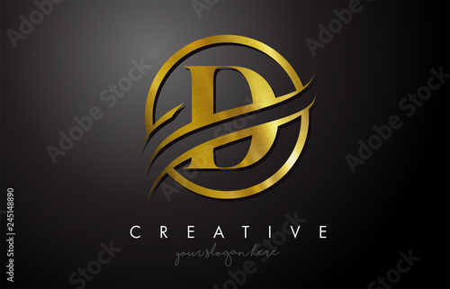 D Golden Letter Logo Design with Circle Swoosh and Gold Metal Texture
