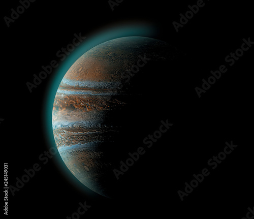 Jupiter planet in space, close up shot. Universe, solar system's giant, beautiful planet with shadow.