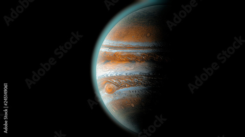 Jupiter planet in space, close up shot. Universe, solar system's giant, beautiful planet with shadow.