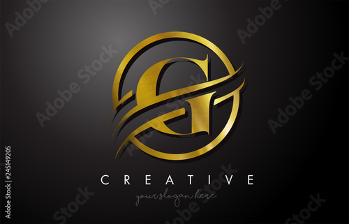 G Golden Letter Logo Design with Circle Swoosh and Gold Metal Texture