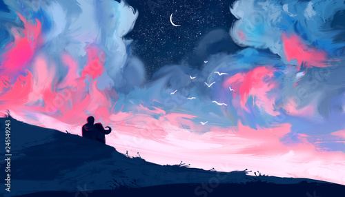 Loving couple looking at the pink sky. Couple sitting on a hill at night. Digital art