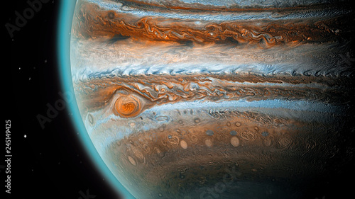 Fototapeta Naklejka Na Ścianę i Meble -  Jupiter planet in space, close up shot. Universe, solar system's giant, beautiful planet with shadow.
