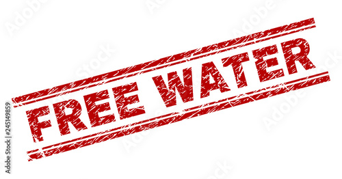 FREE WATER seal print with corroded style. Red vector rubber print of FREE WATER text with unclean texture. Text tag is placed between double parallel lines.