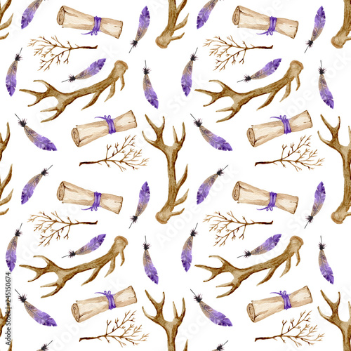 watercolor pattern background with antlers, bundle, feather and branch. Mystical watercolor illustration - seamless pattern for printing, scrapbooking and decoration