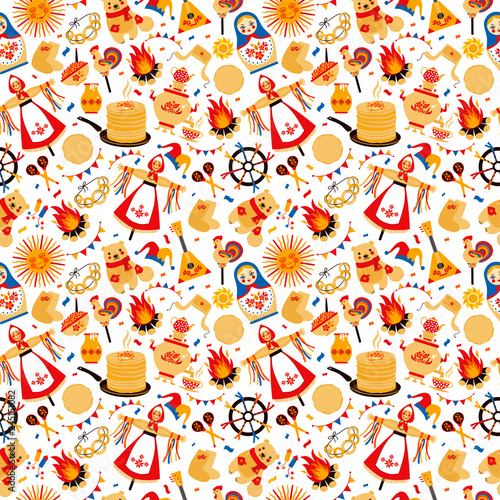 Shrovetide or Maslenitsa. Russian inscription Maslenitsa wide Wide Maslenitsa seamless pattern. Great Russian holiday Shrovetide. Vector illustration.