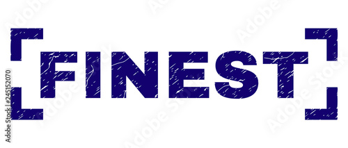FINEST label seal print with distress effect. Text label is placed between corners. Blue vector rubber print of FINEST with unclean texture.