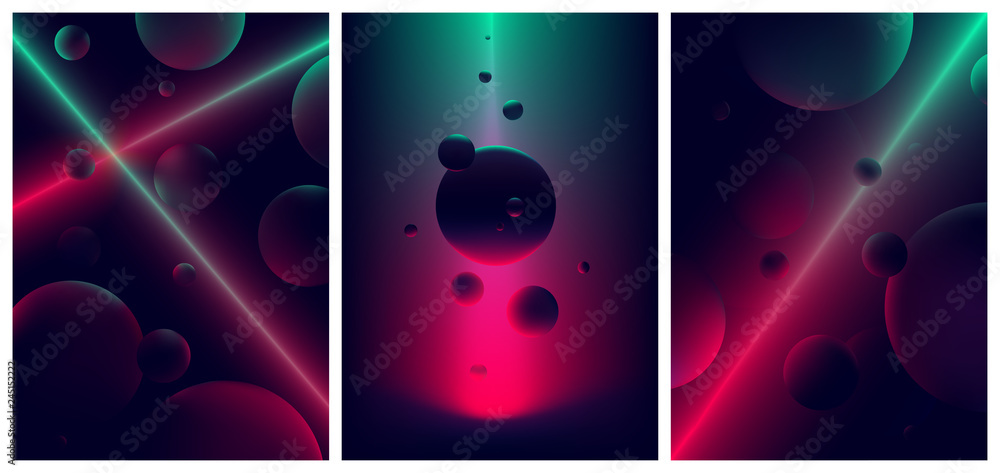 Neon laser line glow illuminates a spheres,  Abstract background space and planet , Futuristic vector gradient poster in retro style - obrazy, fototapety, plakaty 