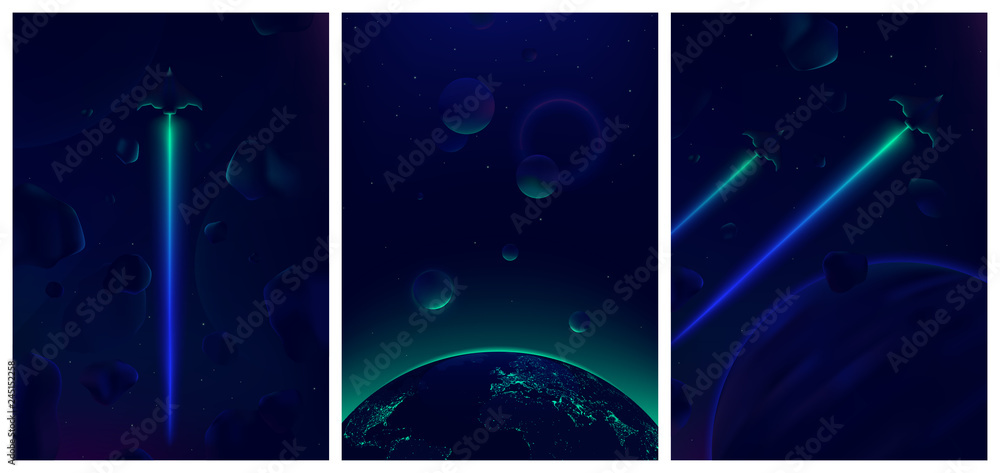 Spaceship flying in deep space with meteorites in the background, Fantastic view of the Earth from space, Neon glowing vector illustration