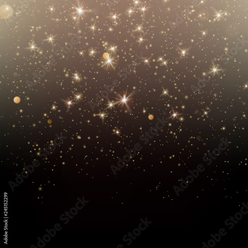 Particles glitter of gold glowing magic shine and star dust dark background. EPS 10