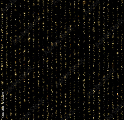 Seamless unique gold rain bokeh on black background. Glitter threads of curtain backdrop. Holiday garland lights or fashion strass drops for carnival  Christmas  New Year decoration. EPS 10