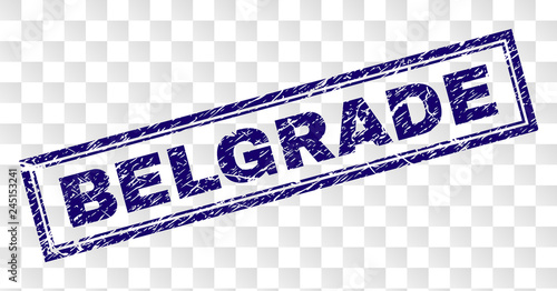 BELGRADE stamp seal imprint with rubber print style and double framed rectangle shape. Stamp is placed on a transparent background. Blue vector rubber print of BELGRADE text with unclean texture.