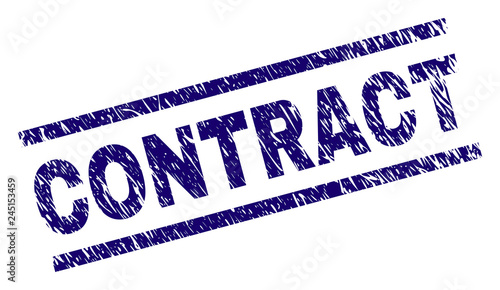 CONTRACT seal watermark with distress style. Blue vector rubber print of CONTRACT label with unclean texture. Text label is placed between parallel lines.