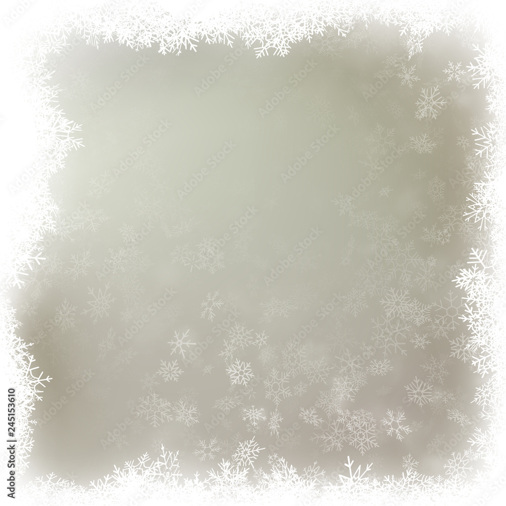 Delicate winter snow background with snow flakes. Beautiful Christmas and New Year template. EPS 10