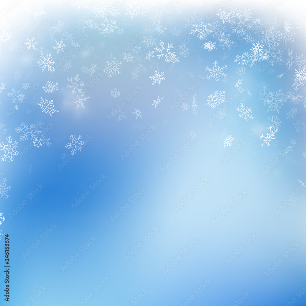 Snowflake flying, card or banner with snow elements, flakes confetti scatter. Cold weather winter symbols. EPS 10