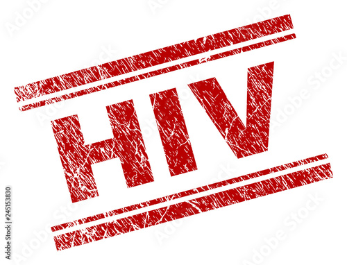 HIV seal print with grunge texture. Red vector rubber print of HIV text with unclean texture. Text label is placed between double parallel lines.
