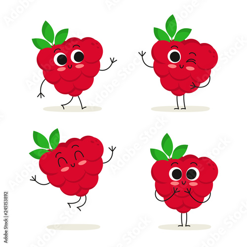 Raspberry. Cute fruit vector character set isolated on white