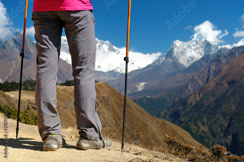 Hiker walking in the mountains, freedom and happiness, achievement in mountains. Himalayas, Everest Base Camp trek, Nepa