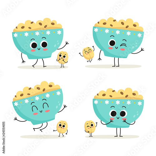Oatmeal. Cute cartoon vegan protein food vector character set isolated on white