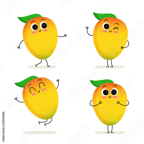 Mango. Cute cartoon exotic fruit vector character set isolated on white