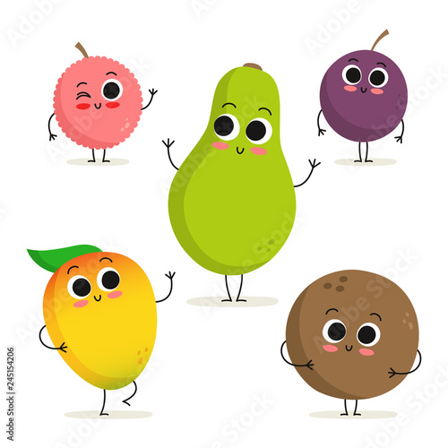 Set of 5 cute cartoon exotic fruit characters isolated on white