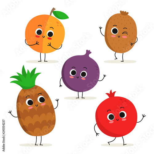 Set of 5 cute cartoon fruit characters isolated on white