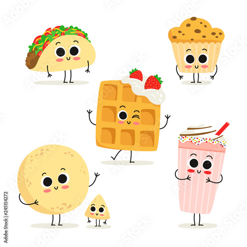 Set of 6 cute cartoon fast food snack characters isolated on white