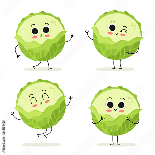 Cabbage. Cute vegetable character set isolated on white