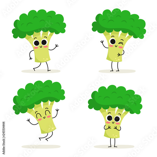 Broccoli. Cute vegetable vector character set isolated on white