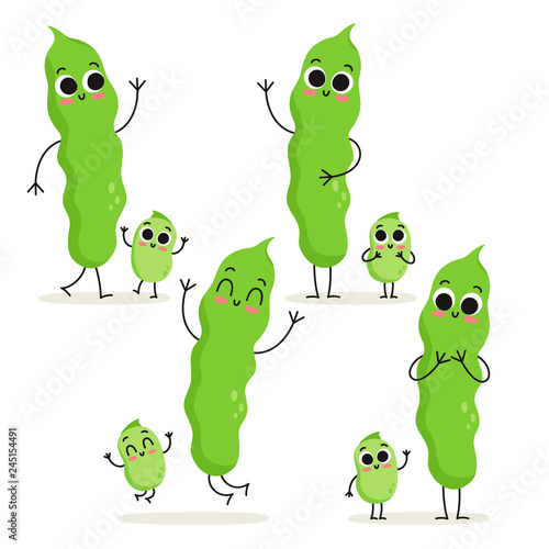 Beans. Cute vegetable vector character set isolated on white