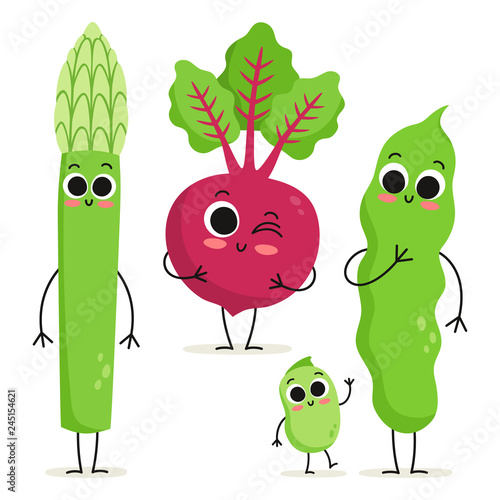 Set of 3 cute cartoon vegetable characters isolated on white: asparagus,  beet and beans Stock Vector | Adobe Stock