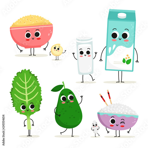 Set of 5 cute cartoon vegan protein food characters isolated on white: quinoa, soy milk, kale, avocado and rice