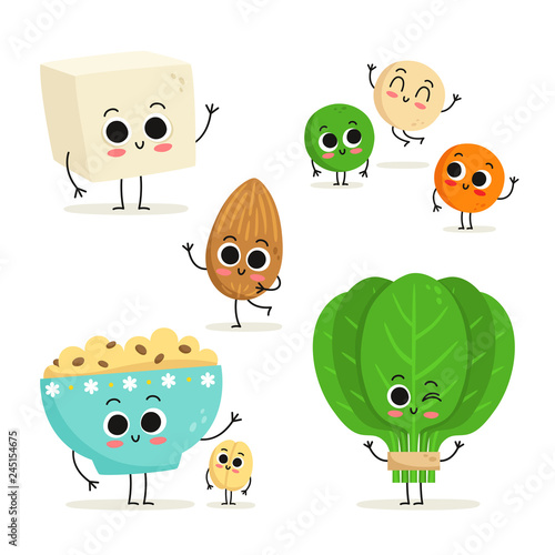 Set of 5 cute cartoon vegan protein food characters isolated on white: tofu, lentils, almond, oats and spinach