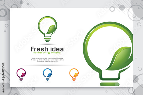 Energy green smart idea vector logo design with modern color style concept , symbol innovation digital lamp with ecology leaf concept