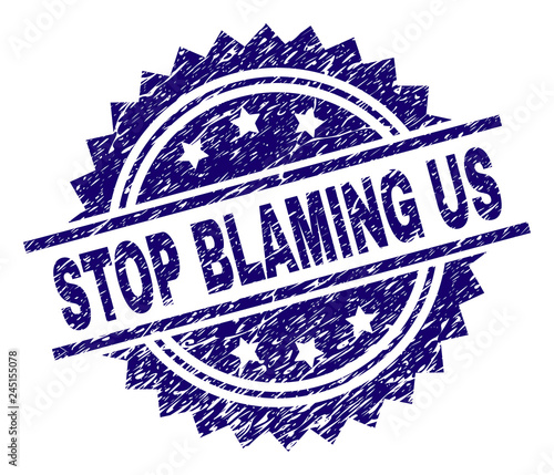 STOP BLAMING US stamp seal watermark with distress style. Blue vector rubber print of STOP BLAMING US caption with scratched texture.