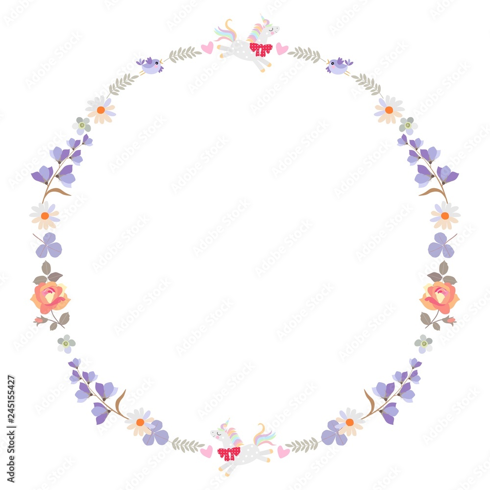 Round frame with funny unicorns, little birds, flowers and leaves isolated on white background. Greeting or invitation card.