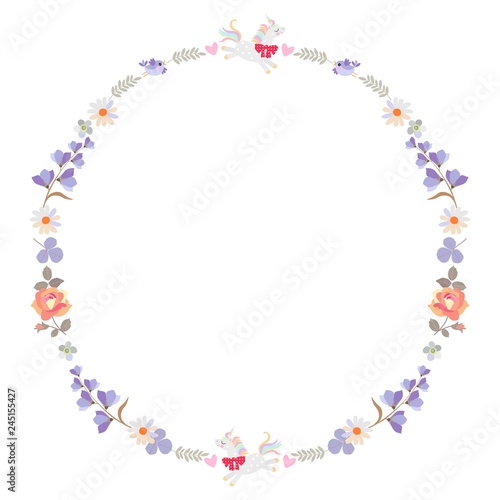 Round frame with funny unicorns, little birds, flowers and leaves isolated on white background. Greeting or invitation card.