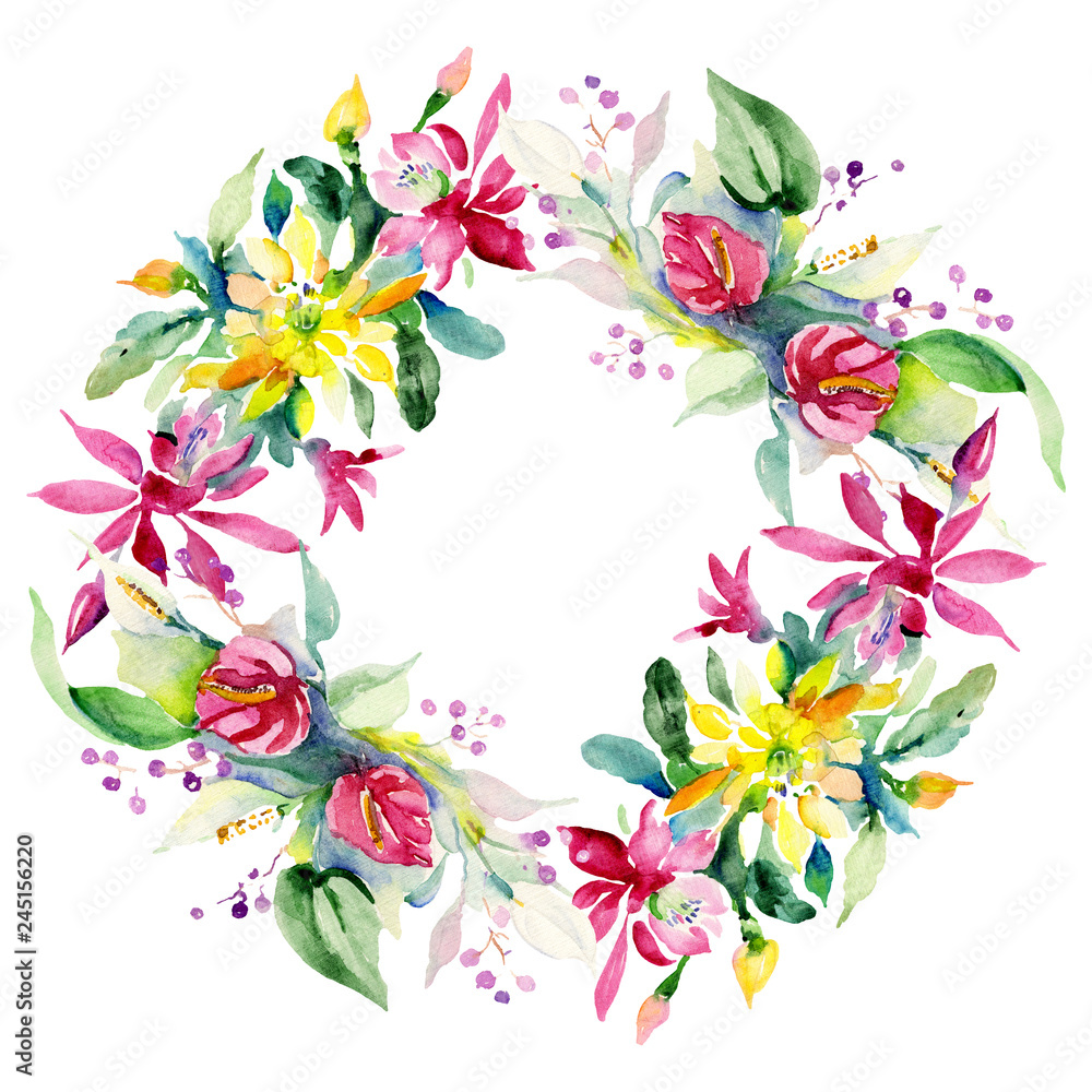 Obraz premium Red, yellow and orange flower bouquets. Watercolor background illustration set. Frame border ornament square.