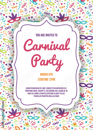 Carnival Party invitation with funny background. Vector.