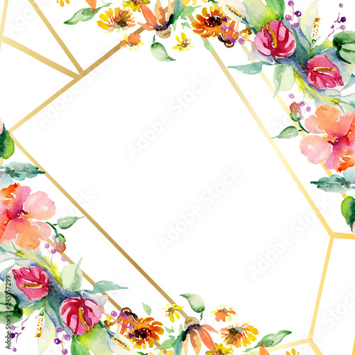 Red, yellow and orange flower bouquets. Watercolor background illustration set. Frame border ornament square.